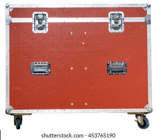 red flight case for music or light equipment. white back ground. road tour