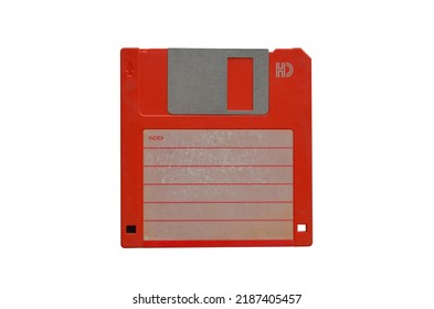 Red Floppy Disk magnetic computer data storage support isolated over white, black diskette isolated on white background. Retro style floppy diskette front view with texture, label and cover.