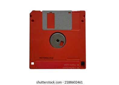 Red Floppy Disk magnetic computer data storage support isolated over white, black diskette isolated on white background. Retro style floppy diskette front view with texture, label and cover.