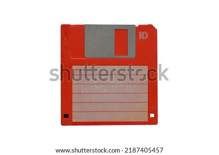 Red Floppy Disk magnetic computer data storage support isolated over white, black diskette isolated on white background. Retro style floppy diskette front view with texture, label and cover.