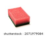 Red foam sponge for washing dishes closeup on a white background. Isolated. High quality photo