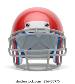 Red Football Helmet Front View With Copy Space Isolated On White Background.