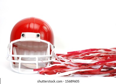 Red Football Helmet And Pom Poms Isolated On White Background.