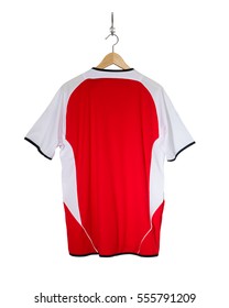 Red Football Shirt Hanging On Hook And Isolated On White Background