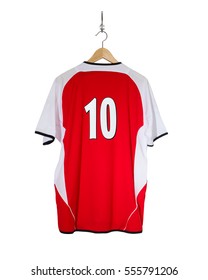 Red Football Shirt No.10  Hanging On Hook And Isolated On White Background