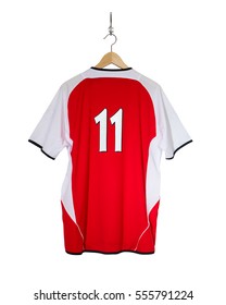 Red Football Shirt No.11 Hanging On Hook And Isolated On White Background