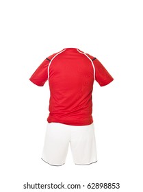 Red Football Shirt With White Shorts Isolated On White Background