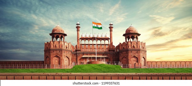 RED FORT DELHI INDIA WITH INDIA FLAG FLYING HIGH  - Shutterstock ID 1199337631
