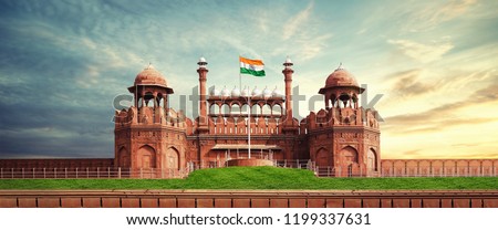 RED FORT DELHI INDIA WITH INDIA FLAG FLYING HIGH 
