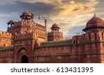 Red Fort Delhi at sunset with moody sky - A UNESCO World heritage site.