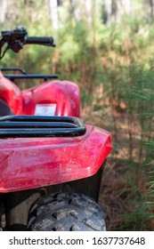 A Red Four Wheeler In The Woods, Close Up With A Pine Tree Forest Background ~DIRT~