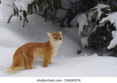 Red Fox On Snow Background