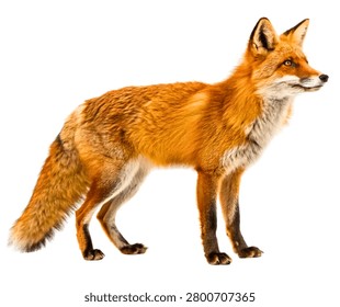 Red Fox Walking Side View, Bright Orange and White Coat Wild Canid Isolated on White Background