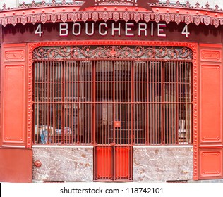 The Red Front Of A Butcher Shop In Chartres, France