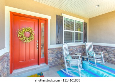 Red Front Door With Green Wreath