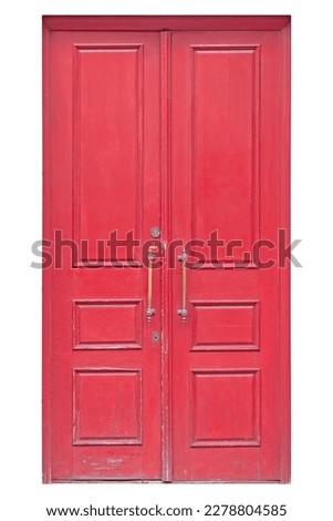 Red front double door isolated on white. Wooden twin door