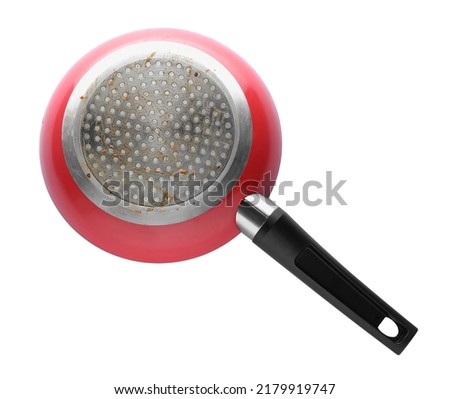 Red frying pan isolated on white, bottom side