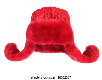 Red Fur Cap On A White Background...