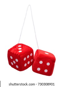 Red Fuzzy Hanging Dice Isolated On White Background.