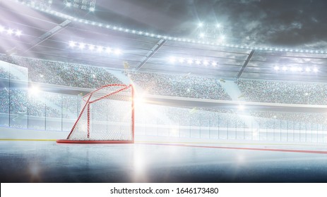 Red gate on the empty hockey rink. Hockey gates in the spotlight. Hockeq arena. Sport background