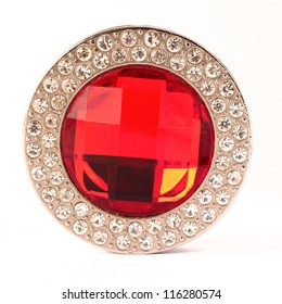 Red Gem Stone And Diamonds On White Background