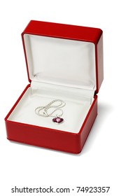 Red Gemstone Necklace In Jewelry Box On White Background