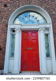 Red Georgian Door In Dublin, Example Of Typical Architecture Of Dublin, Ireland