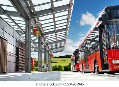 Red German Public Bus On Country Side Bus Station In Low Angle Perspective Waiting