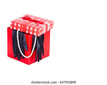 Red Gift Box Black Satin Gloves White Pearl Necklace. Gift. Gift, Surprise, Retro, White Background