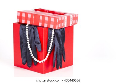 Red Gift Box Black Satin Gloves White Pearl Necklace. Gift, Surprise, Retro, White Background