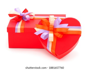 Red gift box with ribbon isolated on white color background.