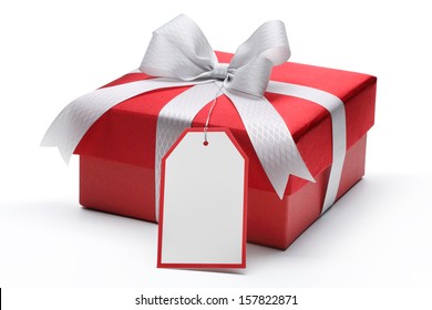 Red Gift Box With Silver Bow And Tag