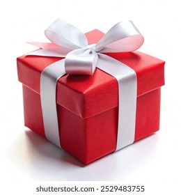 Red gift box with white ribbon isolated on a white color background