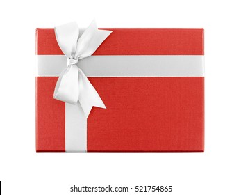 Red Gift Box With White Ribbon Bow Isolated On White Background, Top View