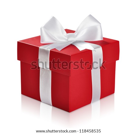 Red gift box with white ribbon isolated on white background. Clipping path included.