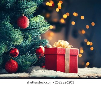 A red gift box wrapped on a wooden table against the background of a beautiful Christmas tree, copy space. Merry Christmas and Happy New Year greeting concept, snow on the table - Powered by Shutterstock