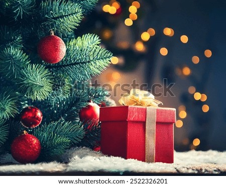 A red gift box wrapped on a wooden table against the background of a beautiful Christmas tree, copy space. Merry Christmas and Happy New Year greeting concept, snow on the table