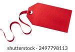 Red gift tag with red ribbon isolated on white