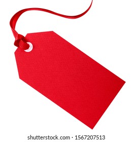 Red Gift Tag With Red Ribbon Isolated On White 