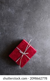 Red Gift Velvet Box On Gray Background With Copy Space, Top View