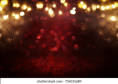 Red glitter vintage lights background. defocused. - Shutterstock ID 734531689