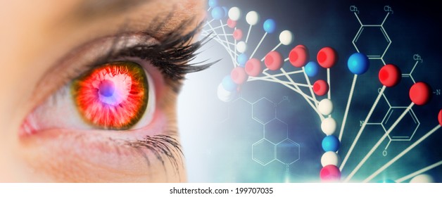 Red glowing eye looking ahead against blue dna strand with chemical structures - Powered by Shutterstock