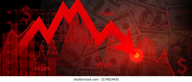Red Going Down and chart with bitcoin on the Dollars background . Bitcoin on  red arrow down and line charts with extreme price drop. Cryptocurrencies market  - Shutterstock ID 2174014435