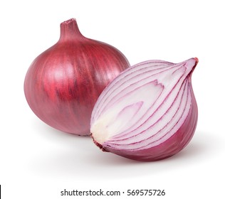 Red and gold onions isolated on white background. Collection.