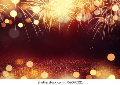 Red And Gold Vintage Fireworks And Bokeh In New Year Eve And Copy Space. Abstract Background Holiday.