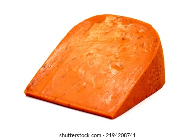 Red gouda cheese. Guoda cheese with sun-dried tomatoes and basil isolated on a white background. Dutch cheese. close up - Powered by Shutterstock