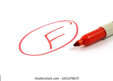 A red graded paper or test with the letter F for Failure as a final result.