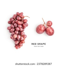Red grape fruit creative  layout isolated on white background. Healthy eating and food concept. Fresh berries composition. Design element. Top view, flat lay