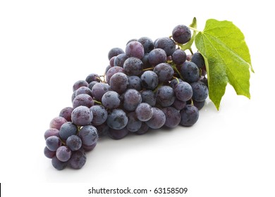 Red Grape With Green Leaf, Isolated On White Background