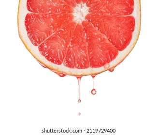 Red grapefruit essential oil dripping. Fresh citrus slice dripping with juice or oil serum ingredient. Seed oil extract.  - Shutterstock ID 2119729400